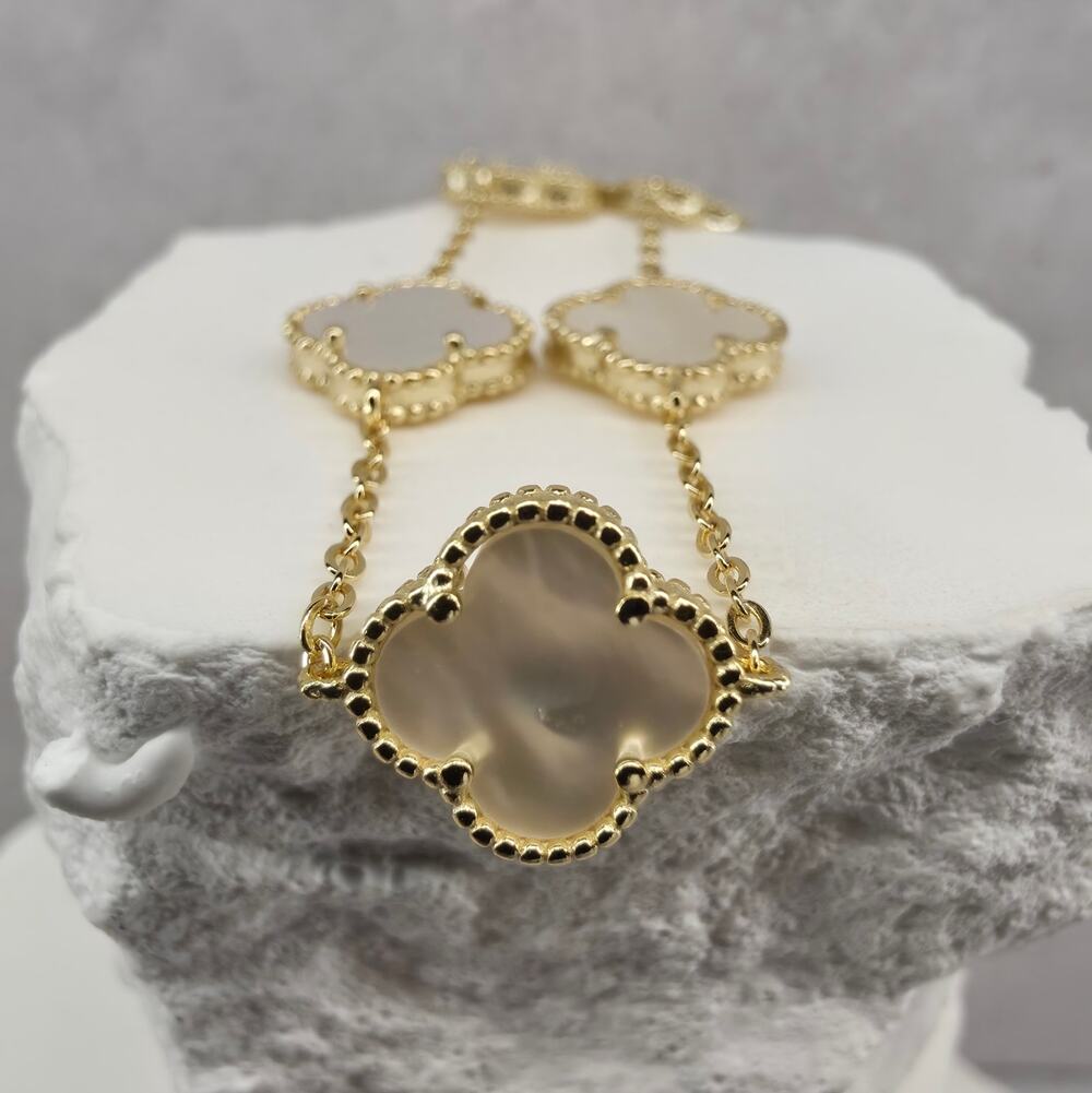 7+1" 12mm Mother of Pearl 5-Motif Clover Bracelet 14K Gold Plated 925 Silver